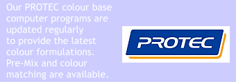 Our PROTEC colour base computer programs are updated regularly  to provide the latest colour formulations.  Pre-Mix and colour matching are available.